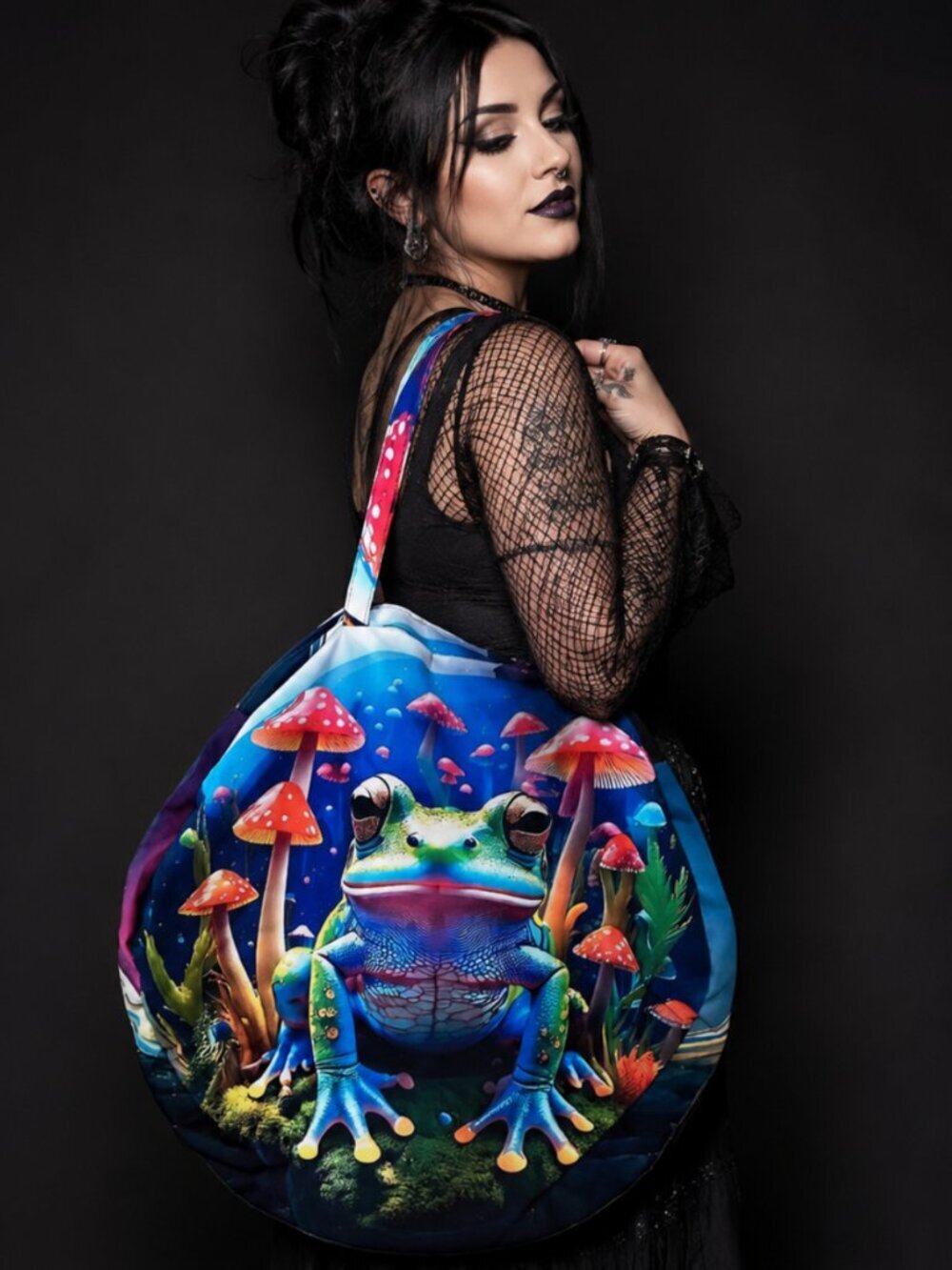 Psychedelic Mushroom Frog Gigantic Round Tote Huge Canvas Circle Bag 3D Festival